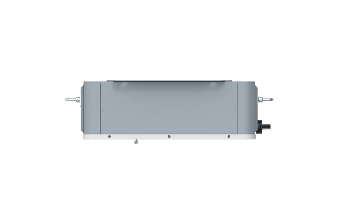 Front view of a rectangular, gray industrial device with handles on both sides, a flat top panel, and a control knob on the right side, set against a plain white card background. The minimalist design is complemented by subtle BigBattery branding in sleek IBM Plex Sans lettering.