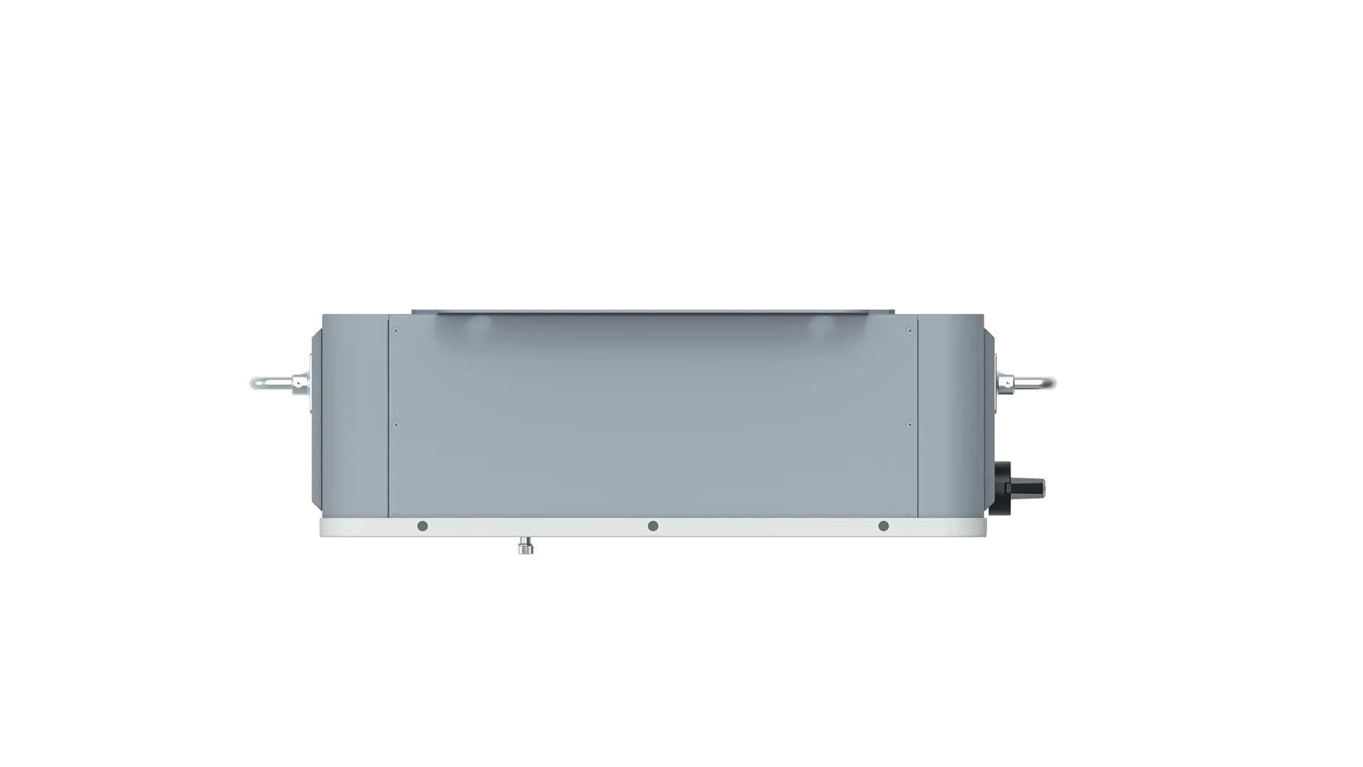 Front view of a rectangular, gray industrial device with handles on both sides, a flat top panel, and a control knob on the right side, set against a plain white card background. The minimalist design is complemented by subtle BigBattery branding in sleek IBM Plex Sans lettering.
