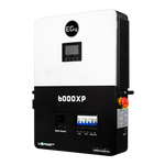 The EG4 6000XP is a black and white split-phase inverter with a small display, control buttons, switches, and a red emergency stop button, designed for efficient electrical energy management.