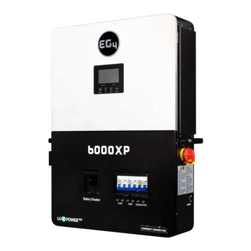 The EG4 6000XP is a black and white split-phase inverter with a small display, control buttons, switches, and a red emergency stop button, designed for efficient electrical energy management.