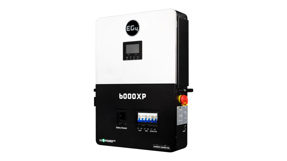 The EG4 6000XP is a black and white split-phase inverter with a small display, control buttons, switches, and a red emergency stop button, designed for efficient electrical energy management.