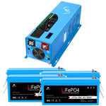 A blue Sungold Power inverter with control switches, ports, and a cooling fan is shown next to three blue 24V 100Ah LiFePO4 lithium iron phosphate batteries.