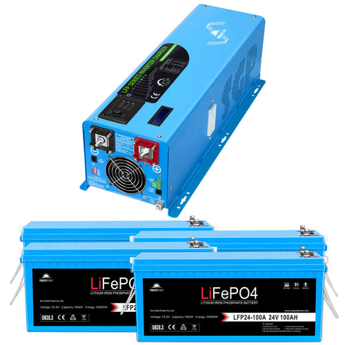 A blue Sungold Power inverter with control switches, ports, and a cooling fan is shown next to three blue 24V 100Ah LiFePO4 lithium iron phosphate batteries.