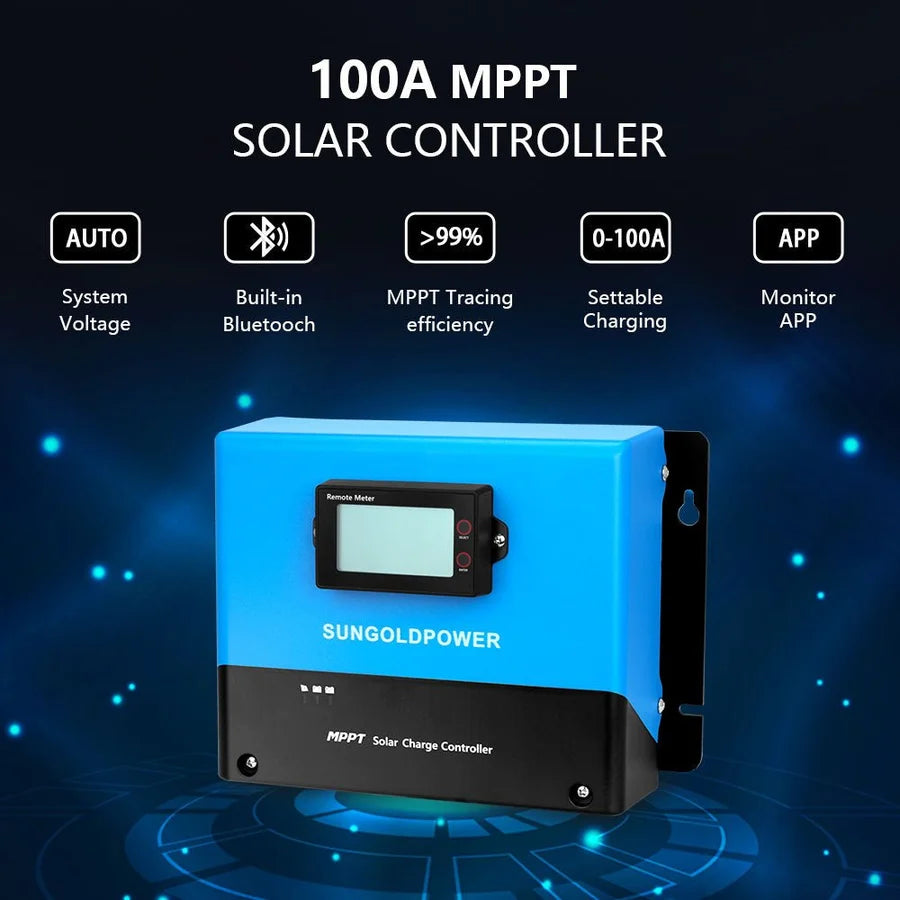 Blue and black Sungoldpower 100A MPPT solar controller with display screen. Featuring auto voltage, built-in Bluetooth, over 99% efficiency, and 0-100A charging capabilities, this controller offers easy monitoring through its dedicated app. Technical icons appear above the device. Please note: the provided product description doesn’t contain any meaningful product information—only CSS styling details. Therefore, Sorry,.