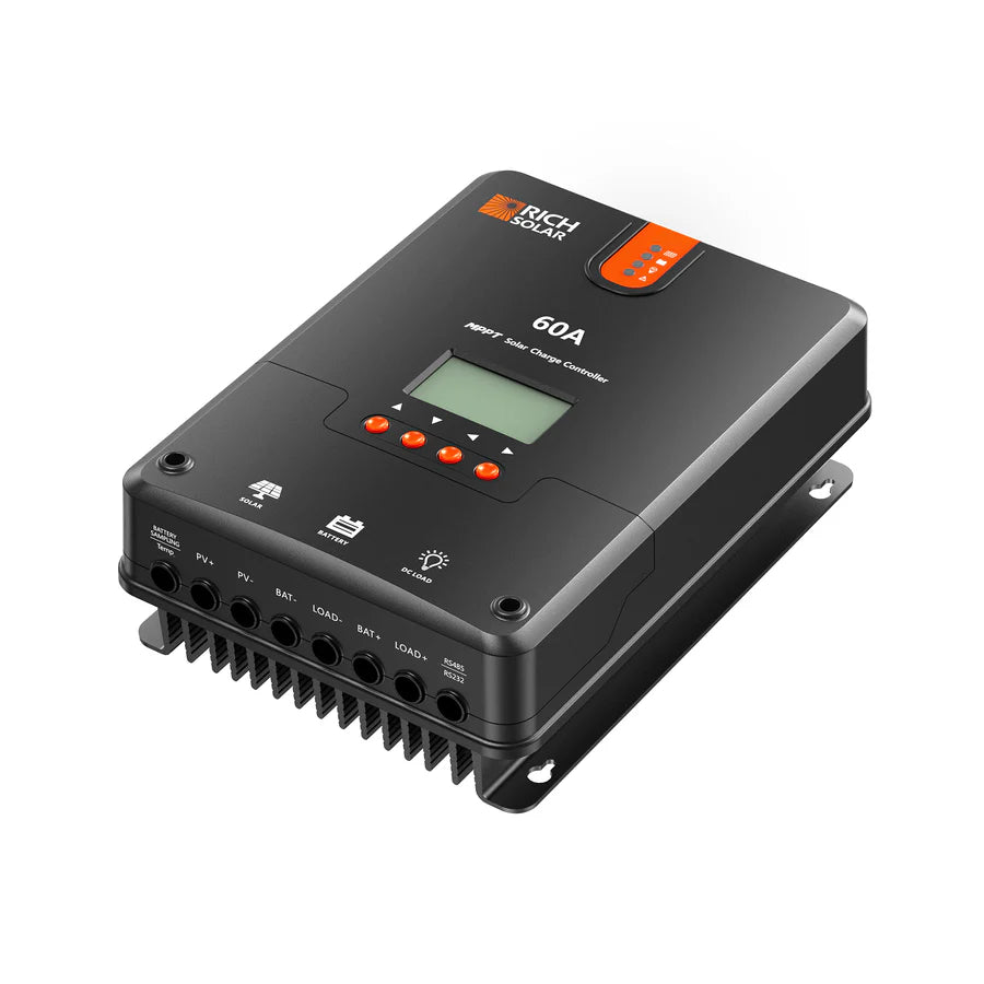 A Rich Solar 60A MPPT controller in black, featuring a digital display, labeled ports, and control buttons for solar panel use, is shown angled on a white background.