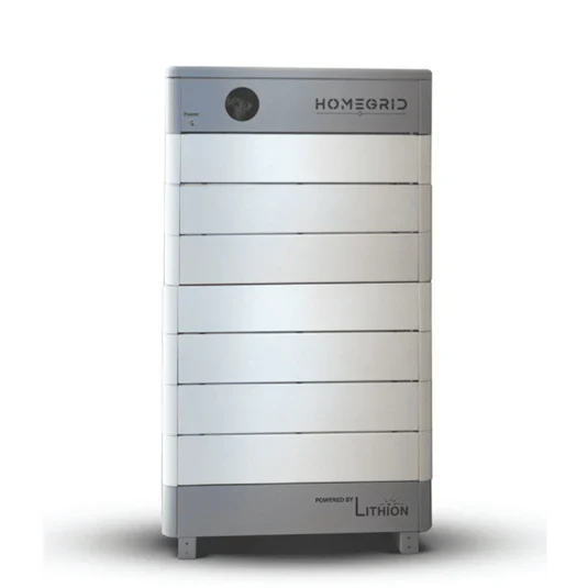 A white and gray rectangular Homegrid modular home battery with a circular power button stands on short legs against a white background, providing expandable energy storage for full-home backup power needs.