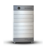 The Homegrid modular home battery is a silver and gray rectangular unit with small legs, horizontal panels, and “HOMEGRID” and “Powered by Lithion” text on its front to meet your energy needs.
