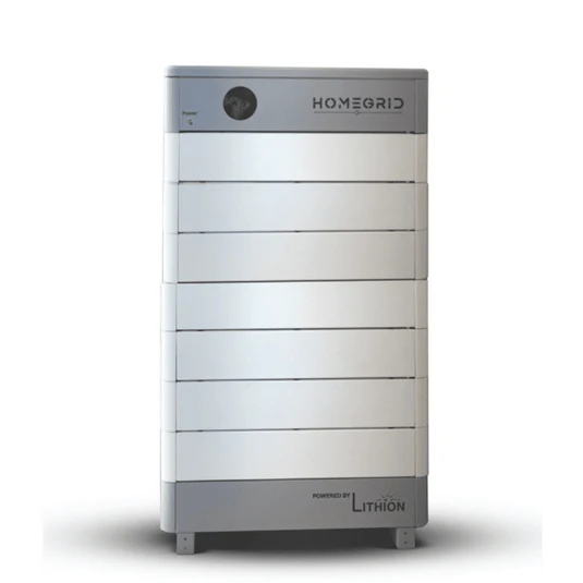 The Homegrid modular home battery is a silver and gray rectangular unit with small legs, horizontal panels, and “HOMEGRID” and “Powered by Lithion” text on its front to meet your energy needs.