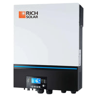 A white Rich Solar pure sine wave inverter with a black base, blue accent line, digital display, control buttons, multiple connectors below, and a detachable LCD control module features the Rich Solar logo at the top left.