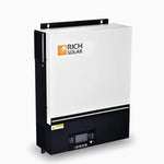 A white and black Rich Solar pure sine wave inverter is wall-mounted, with a display screen and control buttons on the bottom front panel for easy mobile monitoring.