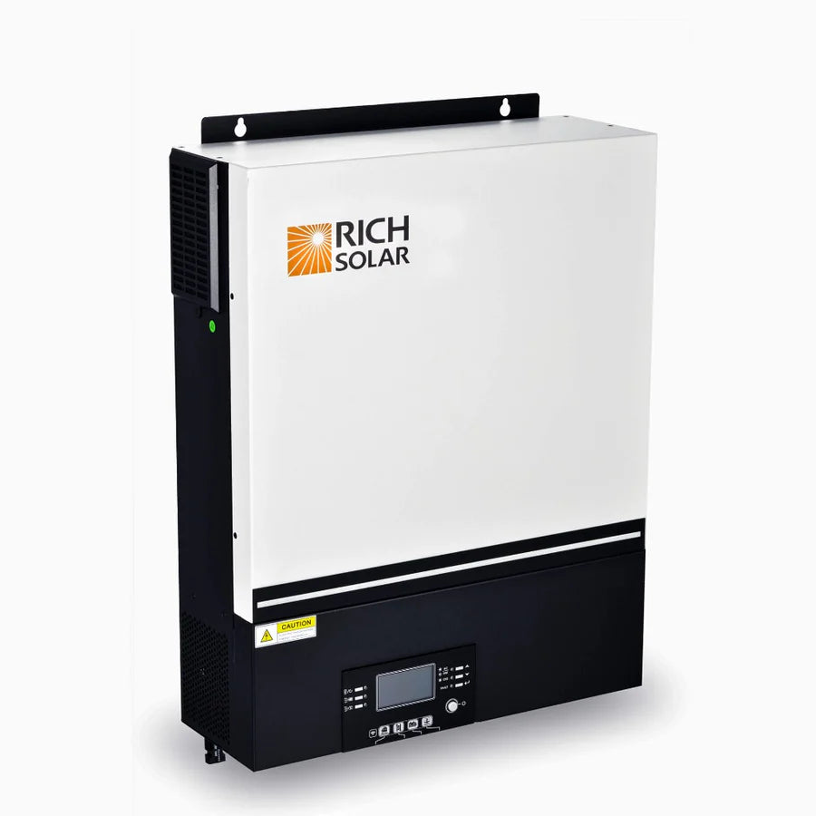 A white and black Rich Solar pure sine wave inverter is wall-mounted, with a display screen and control buttons on the bottom front panel for easy mobile monitoring.