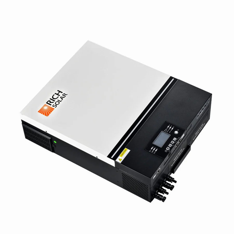 A black and white Rich Solar pure sine wave inverter with a digital display, buttons, indicator lights, multiple ports, and a detachable LCD control module is photographed on a white background.