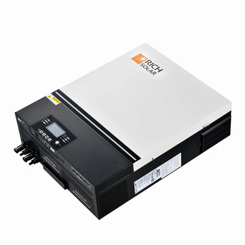 A rectangular Rich Solar pure sine wave inverter in black and white, featuring a digital display, detachable LCD control module, and multiple connection ports, shown against a white background.