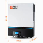 A rectangular Rich Solar hybrid solar inverter with digital display, 21.8 tall, 17 wide, 5.8 deep. The white top shows the Rich Solar logo; the black bottom has ports and controls—perfect for your off-grid solar kit setup.