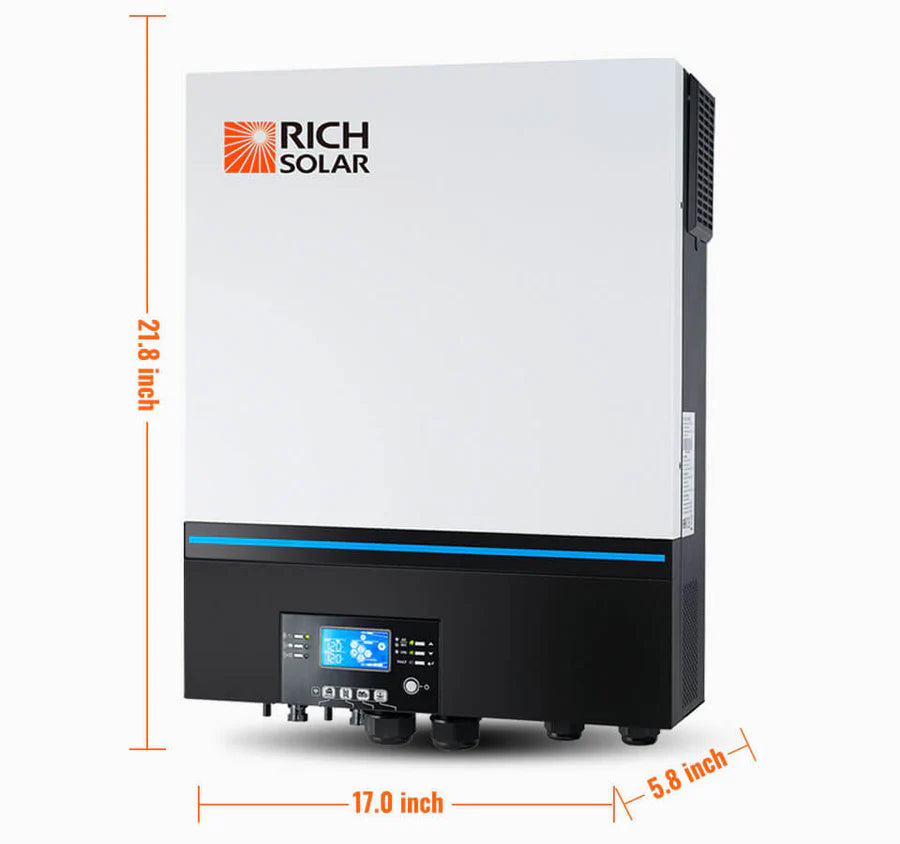 A rectangular Rich Solar hybrid solar inverter with digital display, 21.8 tall, 17 wide, 5.8 deep. The white top shows the Rich Solar logo; the black bottom has ports and controls—perfect for your off-grid solar kit setup.