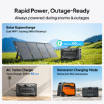 Experience three versatile charging modes with the Bluetti Apex300 portable power station: harness solar panels outdoors, plug into a wall outlet indoors, or connect to a generator—each option delivers outstanding charging speed and efficiency. This showcases Bluetti’s rapid, outage-ready power solutions, ensuring you’re always prepared wherever life takes you.