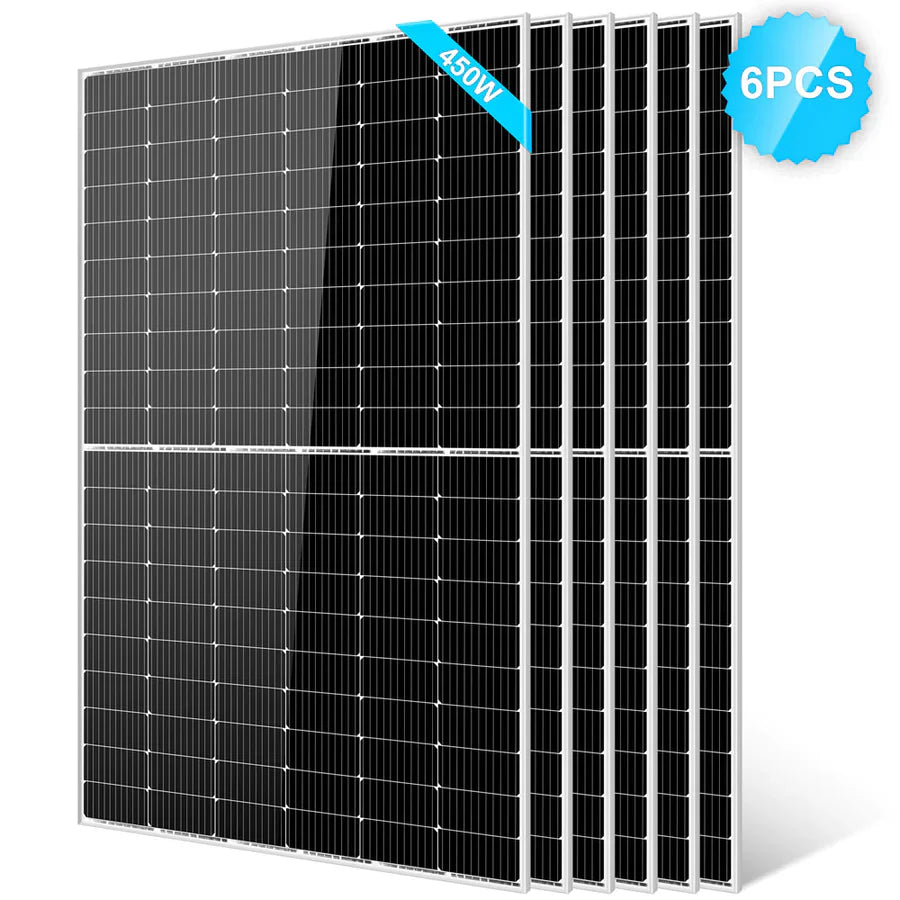 Six black Sungold Power 450W Monocrystalline PERC Solar Panels with silicon cells and silver frames are arranged side by side. A blue label reads 450W, while a blue badge displays 6PCS—ideal for any off-grid system.