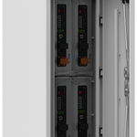 A white Pytes battery cabinet with its front door open displays four stacked black LiFePO4 modules, showing connectors, indicators, and wiring—perfect for solar power systems and dependable energy storage.