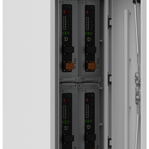 A white Pytes battery cabinet with its front door open displays four stacked black LiFePO4 modules, showing connectors, indicators, and wiring—perfect for solar power systems and dependable energy storage.