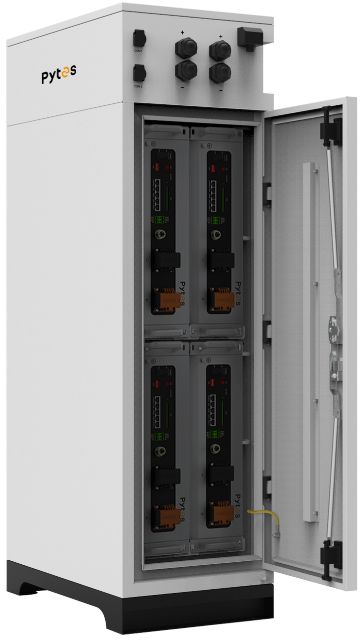 A white Pytes battery cabinet with its front door open displays four stacked black LiFePO4 modules, showing connectors, indicators, and wiring—perfect for solar power systems and dependable energy storage.