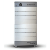 The Homegrid battery system is a tall, rectangular, silver and gray home power unit with a modular design featuring horizontal segments and a circular indicator at the top left. The HOMEGRID brand name appears on the top panel.