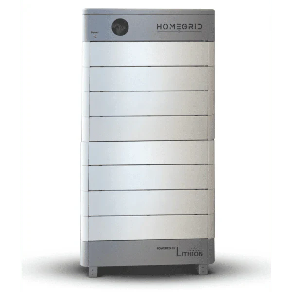 A sleek, rectangular white and gray modular home battery system branded Homegrid stands on four small feet against a plain background.