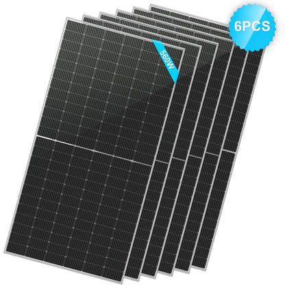 Six black bifacial Sungold Power solar panels are stacked in a fanned arrangement. A blue label on the top panel reads 195W, with a 6PCS badge above. The panels feature silver edges, grid-like lines, and improved energy efficiency.