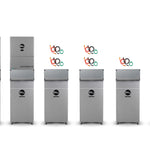 Five sleek silver industrial EG4 machines are arranged in a row—three distinguished by vibrant, overlapping rings above them and two without. Each machine is labeled “EG4 FLEXboss Inverter,” showcasing a modern, efficient design built for high-demand environments. Set against a clean white background, these EG4 units combine advanced reliability with professional-grade performance, making them the ideal solution for any commercial setting.