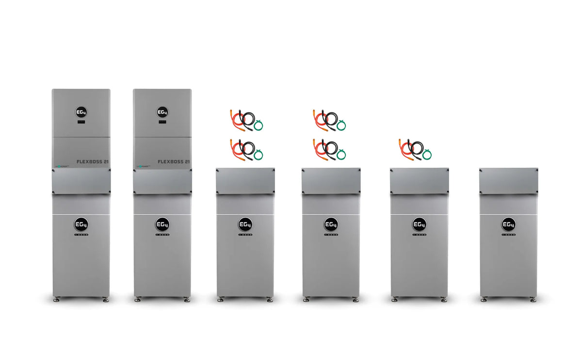Five sleek silver industrial EG4 machines are arranged in a row—three distinguished by vibrant, overlapping rings above them and two without. Each machine is labeled “EG4 FLEXboss Inverter,” showcasing a modern, efficient design built for high-demand environments. Set against a clean white background, these EG4 units combine advanced reliability with professional-grade performance, making them the ideal solution for any commercial setting.