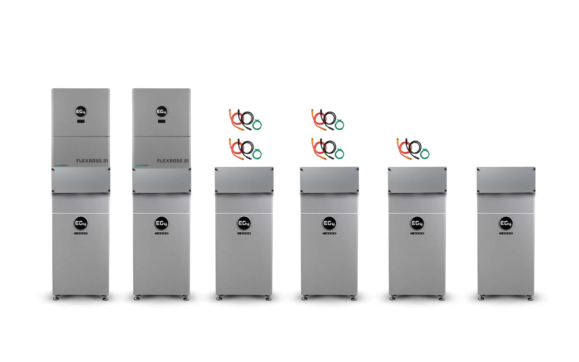 Five sleek silver industrial EG4 machines are arranged in a row—three distinguished by vibrant, overlapping rings above them and two without. Each machine is labeled “EG4 FLEXboss Inverter,” showcasing a modern, efficient design built for high-demand environments. Set against a clean white background, these EG4 units combine advanced reliability with professional-grade performance, making them the ideal solution for any commercial setting.