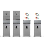 Five industrial machines on wheels are displayed against a white background. The three on the left are taller and feature two sections each, while the other two stand slightly shorter. Above the three rightmost machines, colorful tangled cords add visual interest. Each machine is marked with a prominent circular EG4 label, signifying quality and brand identity. This arrangement highlights versatility and mobility for industrial applications, making it easier for users to adapt to various operational needs.