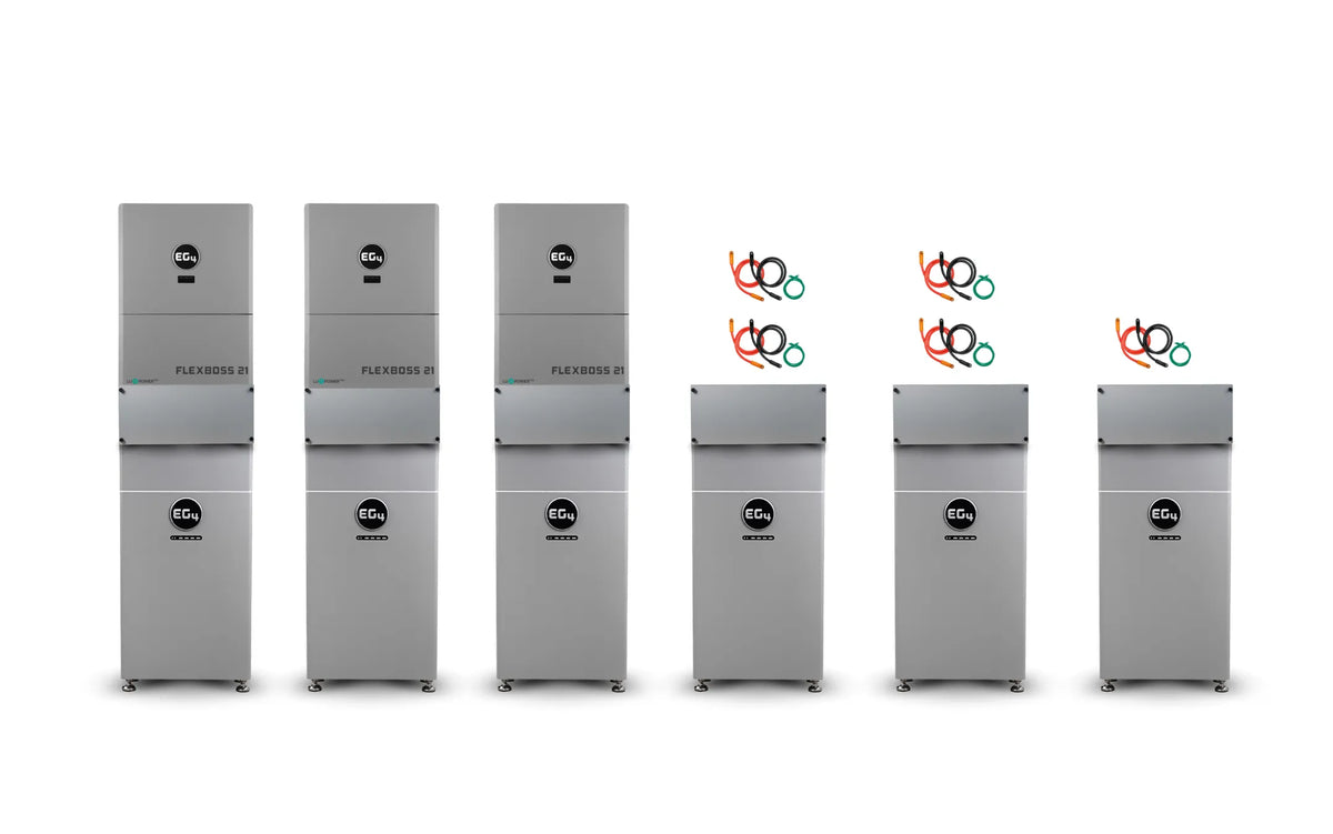 Five industrial machines on wheels are displayed against a white background. The three on the left are taller and feature two sections each, while the other two stand slightly shorter. Above the three rightmost machines, colorful tangled cords add visual interest. Each machine is marked with a prominent circular EG4 label, signifying quality and brand identity. This arrangement highlights versatility and mobility for industrial applications, making it easier for users to adapt to various operational needs.