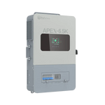 A gray and white BigBattery APEX 6.5K battery inverter featuring a digital display and control panel, mounted against a plain light background—its sleek design echoes modern interfaces styled with popular font families such as IBM Plex Sans or customized via CSS variables.
