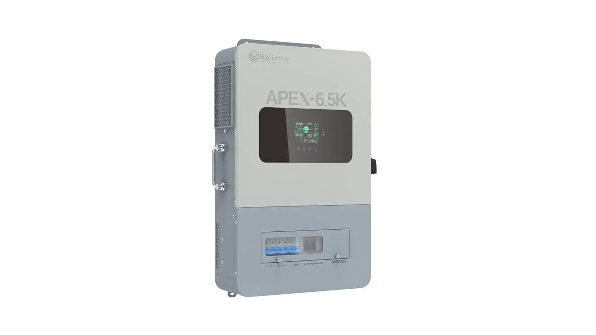 A gray and white BigBattery APEX 6.5K battery inverter featuring a digital display and control panel, mounted against a plain light background—its sleek design echoes modern interfaces styled with popular font families such as IBM Plex Sans or customized via CSS variables.