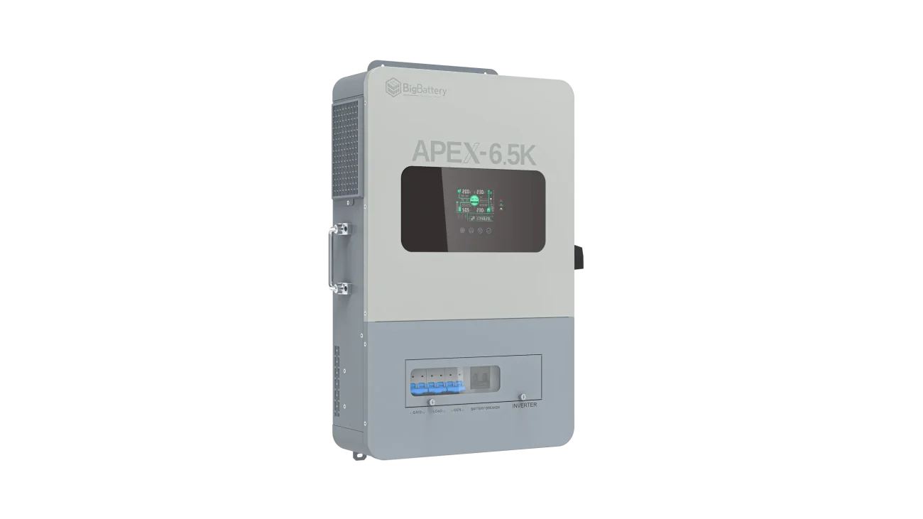 A gray and white BigBattery APEX 6.5K battery inverter featuring a digital display and control panel, mounted against a plain light background—its sleek design echoes modern interfaces styled with popular font families such as IBM Plex Sans or customized via CSS variables.