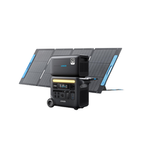 An Anker portable power station with a digital display and LFP battery is paired with a foldable solar panel, shown against a white background.