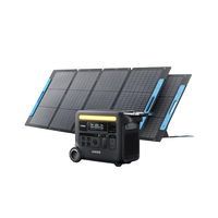 An Anker portable power station with a digital display is placed before four foldable solar panels, showcasing impressive Energy Conversion Efficiency, all set against a white background.