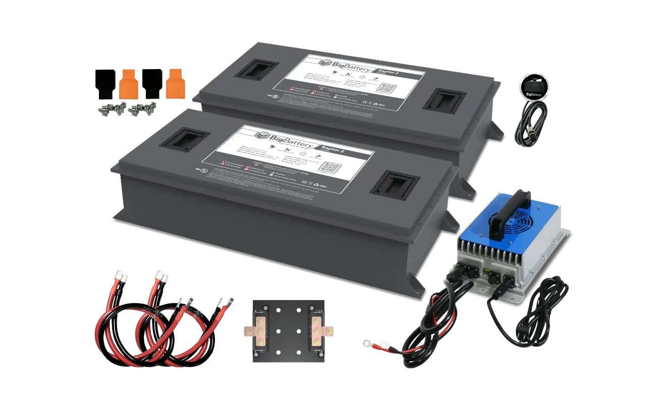Two large rectangular BigBattery batteries with wiring, connectors, screws, a blue and silver power inverter, a small round gauge, and a black mounting plate are arranged on a white background—perfect for showcasing clear technical details or as an accent in font display projects using IBM Plex Sans or CSS variables.