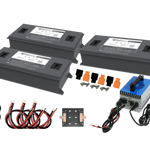 Three rectangular BigBattery batteries, wiring, connectors, screws, orange and black covers, a small font display styled in IBM Plex Sans, a metal plate, and a control module are arranged on a white background.