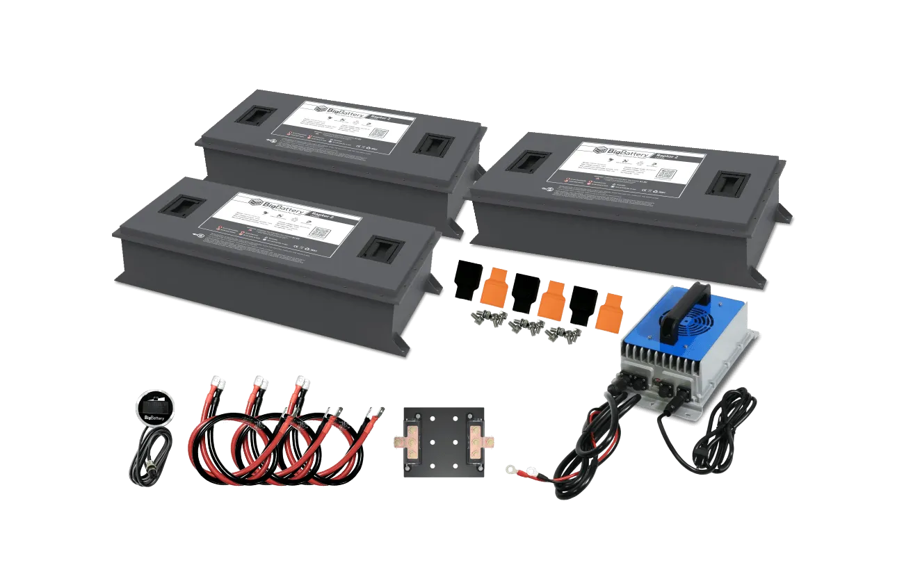 Three rectangular BigBattery batteries, wiring, connectors, screws, orange and black covers, a small font display styled in IBM Plex Sans, a metal plate, and a control module are arranged on a white background.