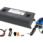 A rectangular BigBattery battery, wiring cables with connectors, a compact device featuring a blue fan, distinct orange and black covers, screws, and a remote key fob are arranged on a white background—styled as meticulously as an interface designed with CSS variables and the clarity of IBM Plex Sans.