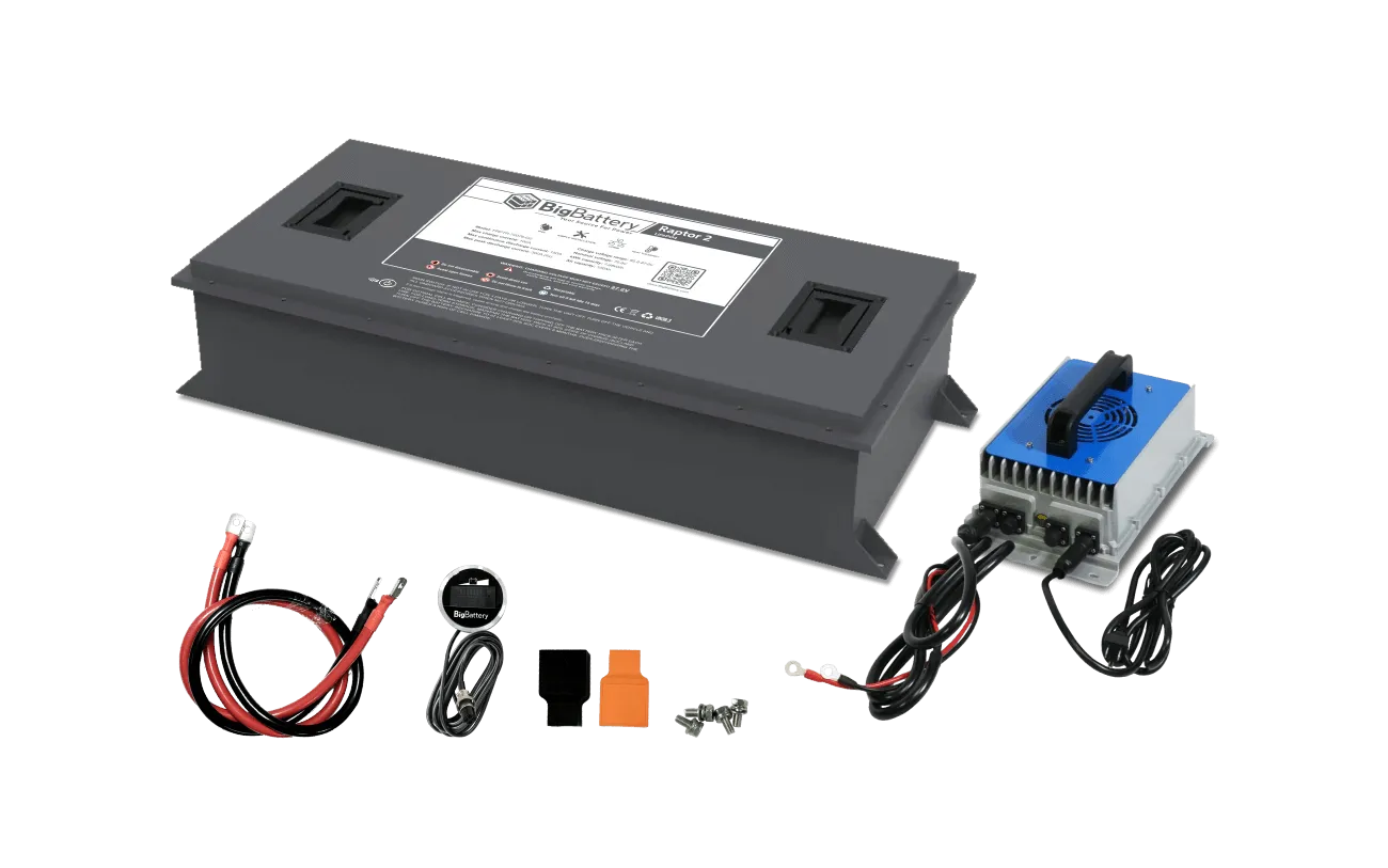 A rectangular BigBattery battery, wiring cables with connectors, a compact device featuring a blue fan, distinct orange and black covers, screws, and a remote key fob are arranged on a white background—styled as meticulously as an interface designed with CSS variables and the clarity of IBM Plex Sans.
