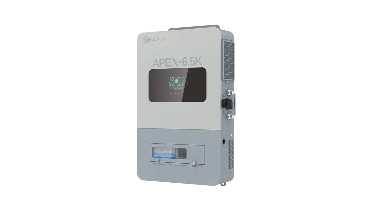 A rectangular wall-mounted electronic device from BigBattery, labeled APEX-6.5K, featuring a small display screen, control buttons, ventilation openings, and a transparent panel revealing its internal components—engineered for efficient energy or power management.