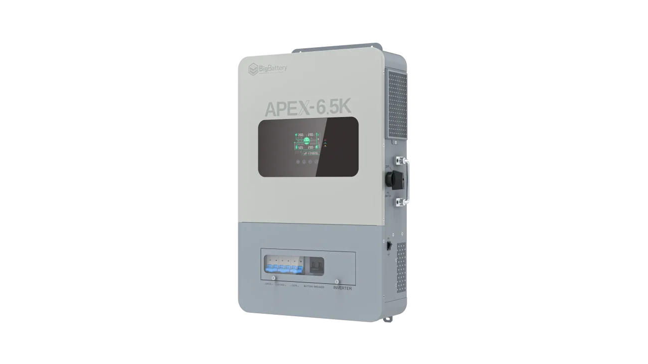 A rectangular wall-mounted electronic device from BigBattery, labeled APEX-6.5K, featuring a small display screen, control buttons, ventilation openings, and a transparent panel revealing its internal components—engineered for efficient energy or power management.