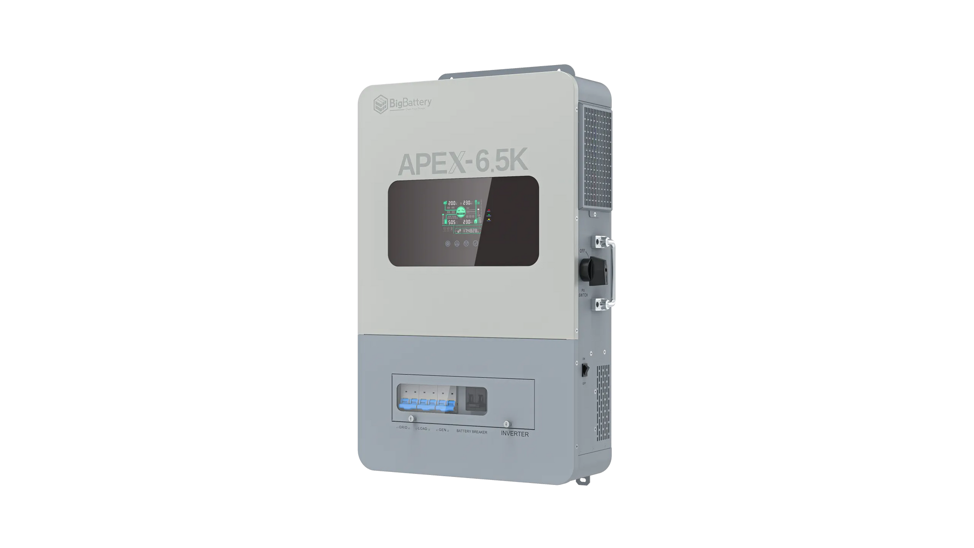 A grey and white solar inverter from BigBattery, labeled APEX-6.5K, with a digital display and control buttons, mounted against a plain white background. The control panel features clear labeling in the IBM Plex Sans font family for optimal readability—perfect for interfaces designed with CSS variables.