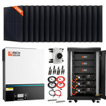 The Rich Solar off-grid solar kit includes 16 panels, a hybrid solar inverter, lithium batteries, cables, connectors, a breaker switch, and mounting hardware—everything needed for efficient off-grid solar power.