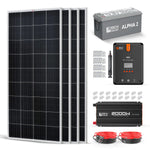 Rich Solar kit includes three solar panels, a battery, MPPT controller, 2000W inverter, connectors, mounting brackets, and red/black cables. All components are neatly organized for display.
