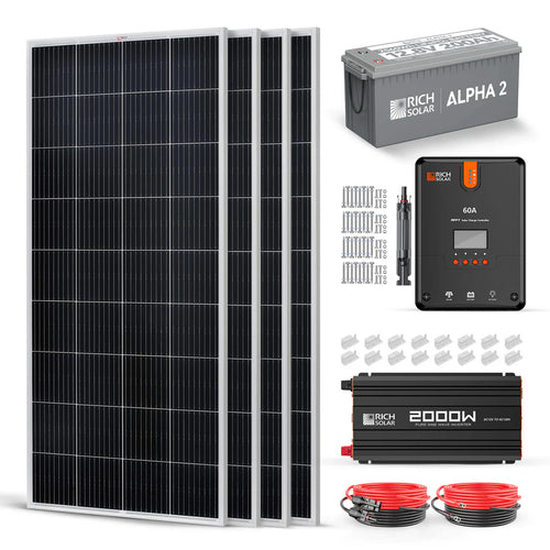 Rich Solar kit includes three solar panels, a battery, MPPT controller, 2000W inverter, connectors, mounting brackets, and red/black cables. All components are neatly organized for display.