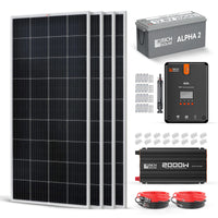 Rich Solar kit includes three solar panels, a battery, MPPT controller, 2000W inverter, connectors, mounting brackets, and red/black cables. All components are neatly organized for display.