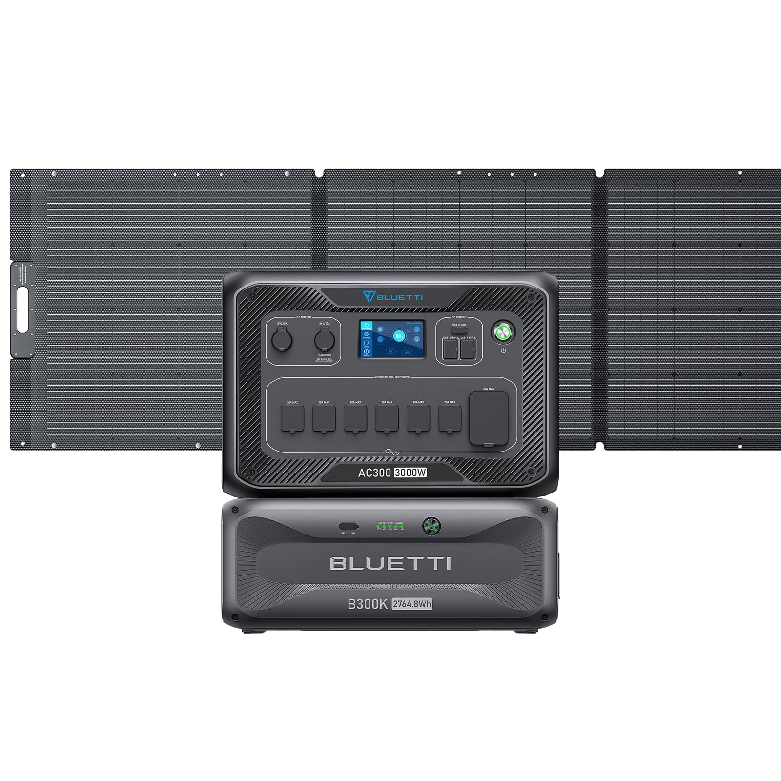 Bluetti portable power station with LiFePO₄ battery, control panel, display, and multiple outlets sits atop a B300 module with UPS protection, pictured before a foldable solar panel array.